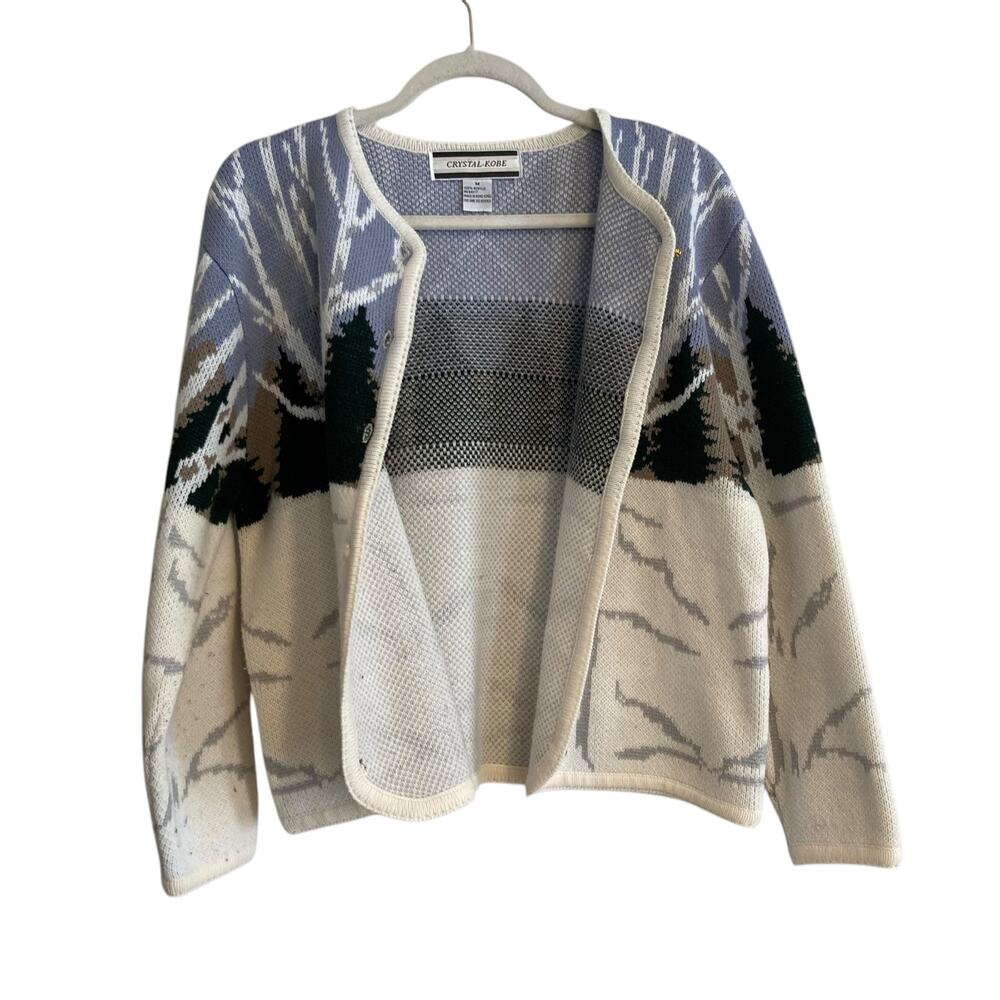 Vintage 90s Winter Forest Scene Cardigan Birch Trees Sz M - Picture 8 of 15